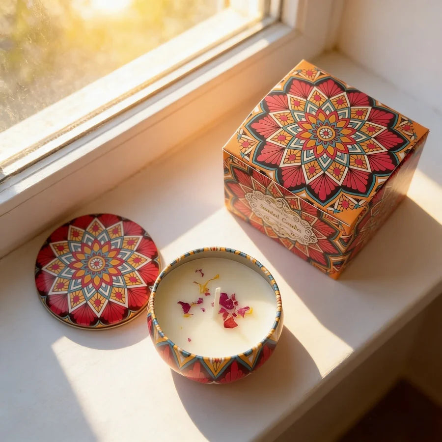 1PC Mandala Pattern Scented Candle Tin Set Natural Aroma Soy Wax Romantic Atmosphere Candle for Home Decor & Emergency Use